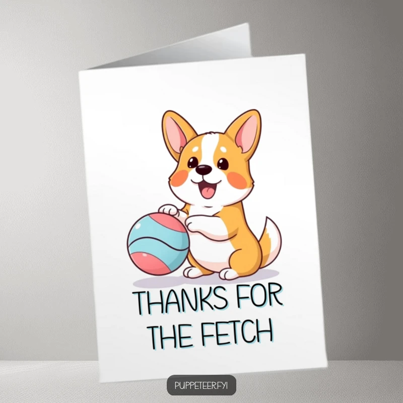 Funny Free Printable Thank You Card: Happy corgi enthusiastically wagging its tail while playing with a ball puppet.