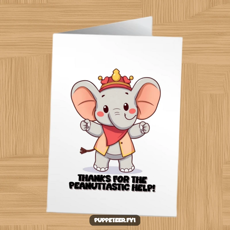 Funny free printable thank you card depicting a cheerful elephant puppet master and a marching peanut puppet.