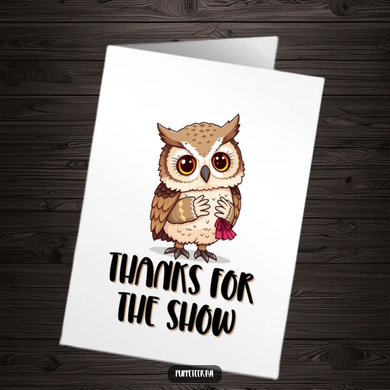 Funny Free Printable Thank You Card: Owl watches a puppet bow, conveying thanks with a humorous touch. Downloadable.