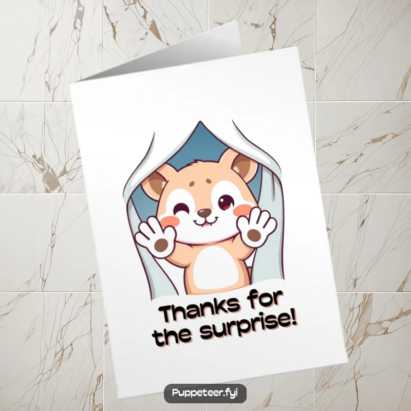 Funny Free Printable Thank You Card showcasing a mischievous animal's puppet hands waving from behind a curtain, a quirky DIY downloadable gift.