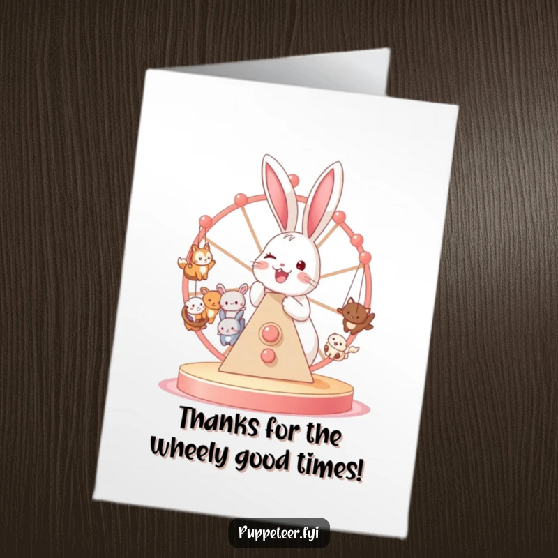 Funny Free Printable Thank You Card: A joyful bunny powers a Ferris wheel full of tiny animal puppets in thanks.