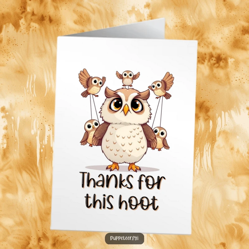 Funny free printable thank you card of a startled owl watching in disbelief as its puppet owls perform incredible acrobatic feats.