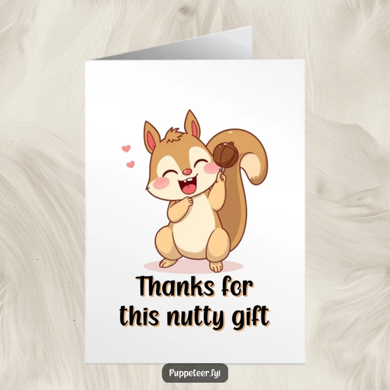 Funny Free Printable Thank You Card: Giggling squirrel making a nut puppet do a somersault, expressing thanks playfully.