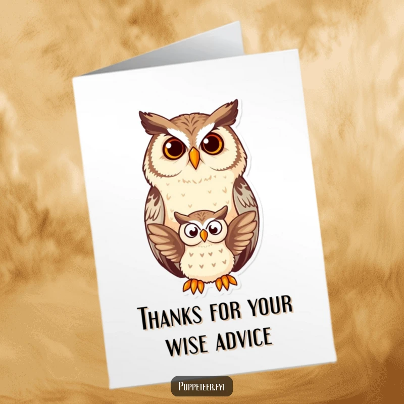 Funny Free Printable Owl Thank You Card: Contented owl watches puppet flap, expressing thanks with a smile.