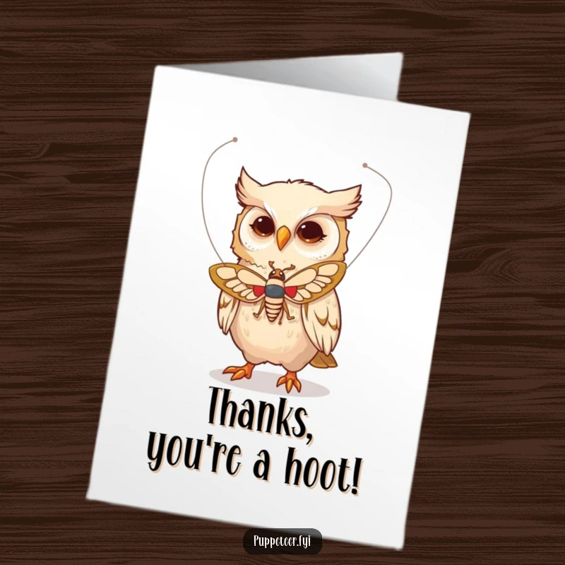 Funny Free Printable Thank You Card: Whimsical owl character makes a moth puppet fly with delicate strings, a graceful expression of gratitude.