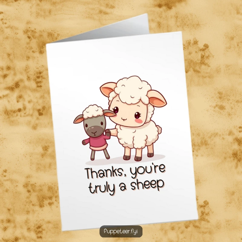 Free Printable Thank You Card: A cute kawaii sheep shows gentle guidance to a sheep puppet with its hoof, conveying thanks.