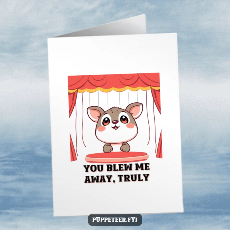 Funny Free Printable Thank You Card: Happy animal watches a puppet show with wide eyes, conveying joyful thanks.