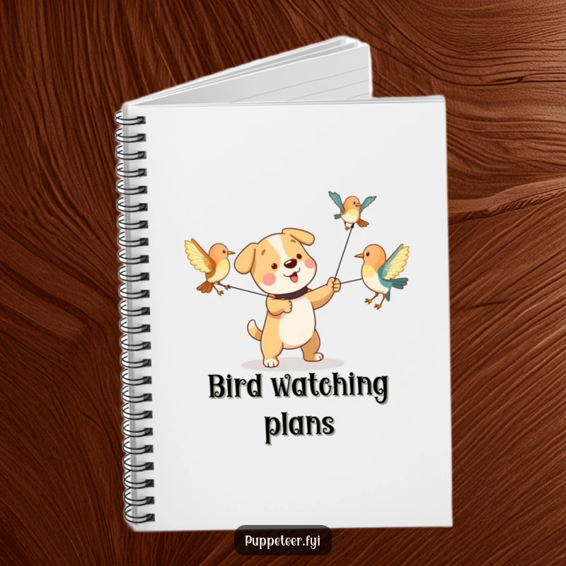 Funny notebook featuring a playful dog character pulling strings to make bird puppets flap their wings, for creative minds.