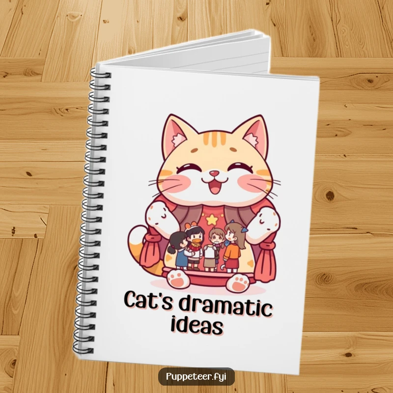 Funny notebook featuring a giggling cat character proudly displaying a puppet show stage with figures, for creative minds.