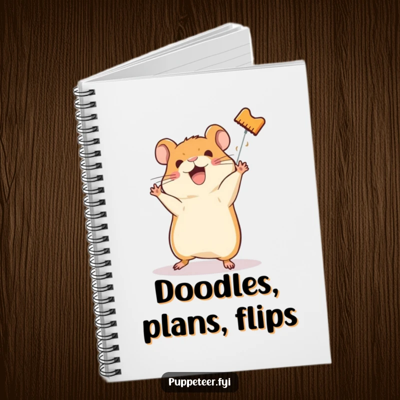 Funny notebook cover with a happy hamster guiding a hamster puppet through a somersault, encouraging active thought.