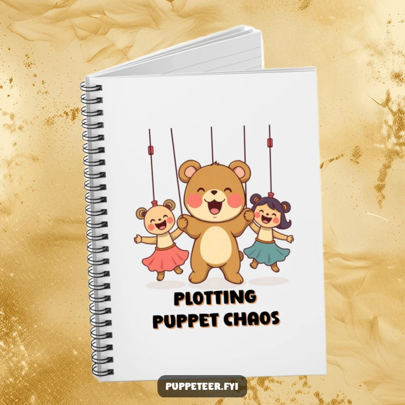 Funny Notebook with a delighted bear cub controlling puppets, ideal for jotting down notes with a humorous, masterful touch.