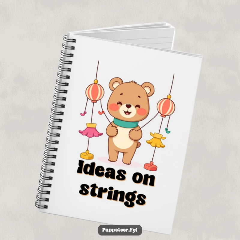 Funny notebook with a smiling bear character manipulating colorful strings attached to dancing puppets, great for jotting down humorous thoughts.