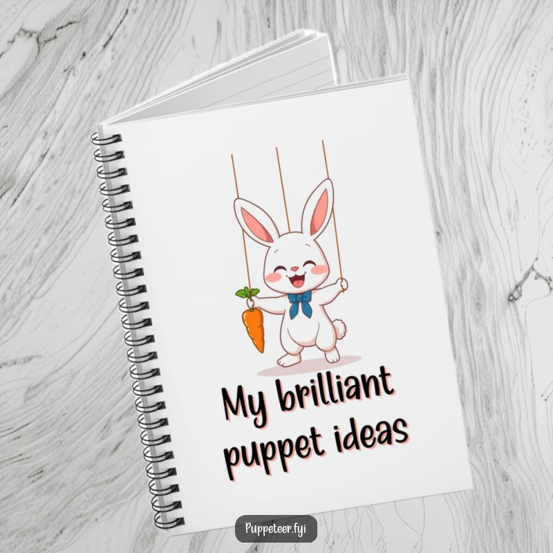 Funny bunny puppet master notebook showing a cute rabbit controlling a carrot dance with strings, perfect for journaling and notes.