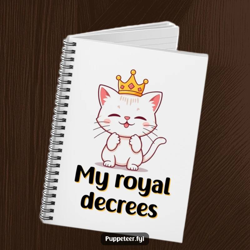 Funny notebook featuring a mischievous cat wearing a tiny crown, tugging on invisible strings, perfect for jotting down witty thoughts.