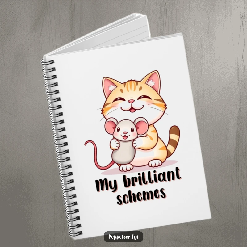 Funny notebook with a giggling cat proudly holding a mouse puppet, ideal for journaling funny thoughts.