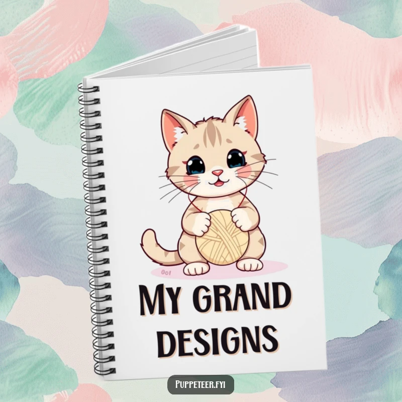 Funny Cat Notebook: A playful cat uses strings to animate a yarn ball puppet, inspiring creative writing and journaling.