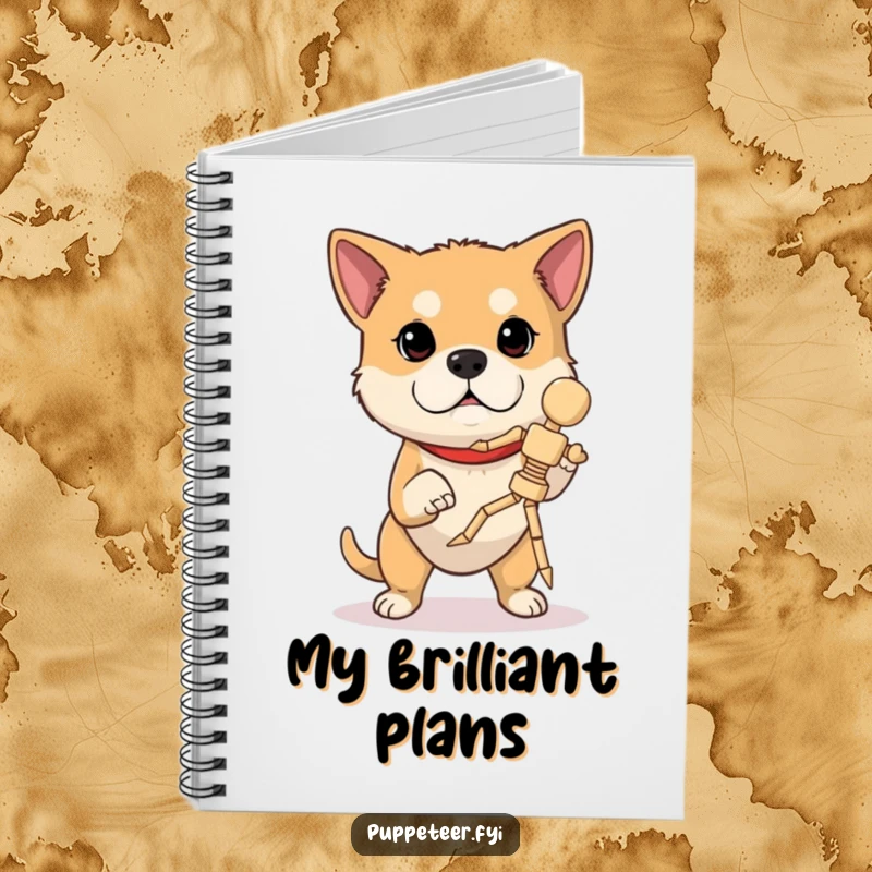 Funny dog notebook with a determined dog concentrating, operating a wooden marionette in mid-jump, designed for skillful note-taking.