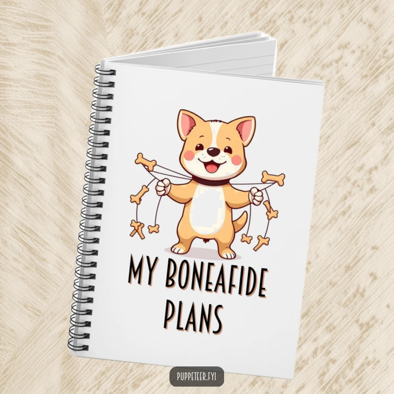 Funny proud dog notebook with multiple strings controlling tiny bone-shaped puppets marching, ideal for journaling and planning.