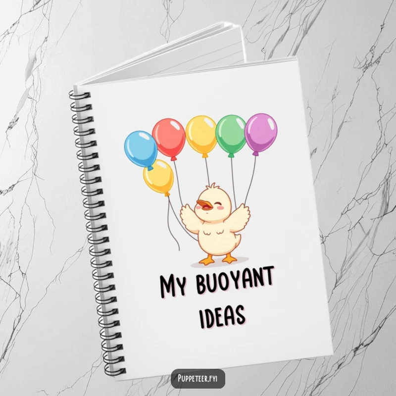 Funny giggling duckling notebook with strings connected to colorful balloons, ideal for journaling and note-taking.