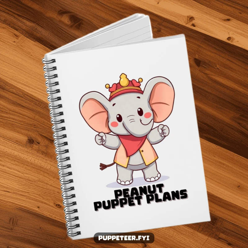 Funny notebook with a cheerful elephant puppet master making a peanut puppet march proudly, inspiring notes and smiles.