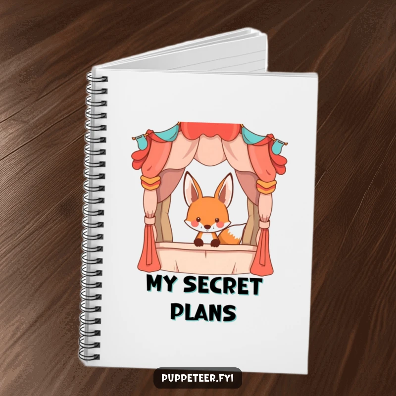 Funny playful fox peeking from behind a large, whimsical puppet stage, lined notebook cover, ideal for writing scripts and notes.