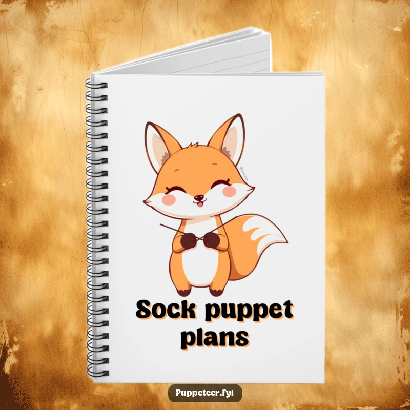 Funny notebook with a happy fox character making a sock puppet wave, perfect for capturing creative and humorous ideas.