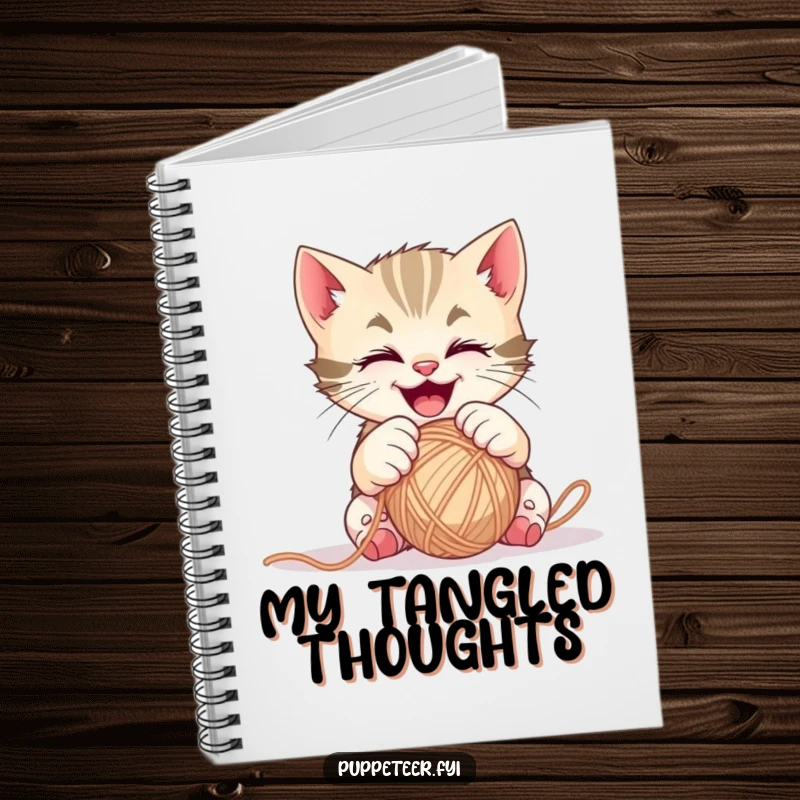 Funny mischievous kitten notebook with gleeful paws controlling a ball of yarn, ideal for journaling and note-taking.