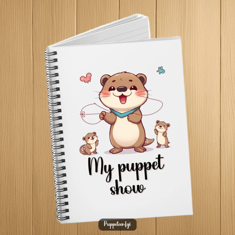 Funny notebook with a delighted otter controlling animal puppets via strings, ready to inspire dramatic ideas and creative planning.