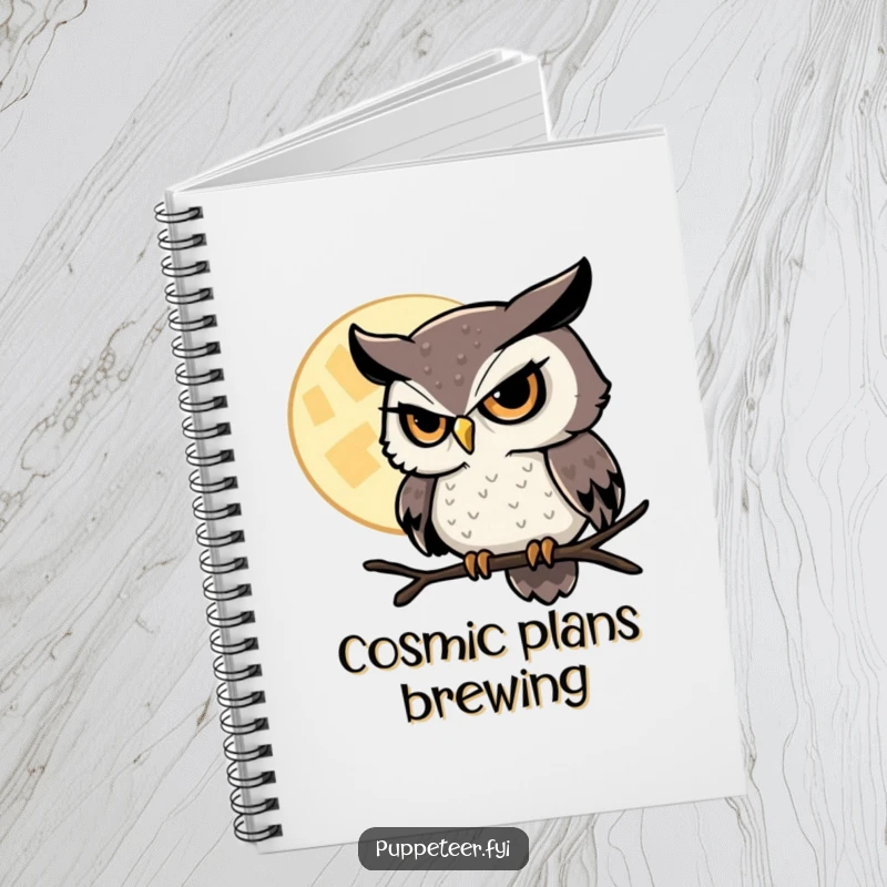 Funny Owl Notebook with a sly owl controlling the moon, perfect for recording magical ideas and nighttime thoughts.