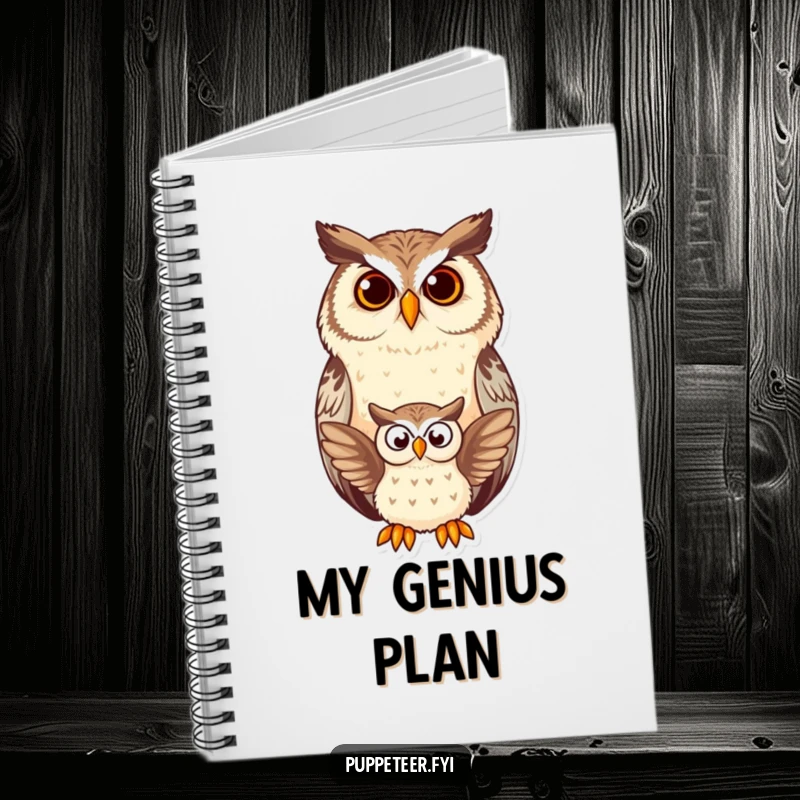Funny owl notebook cover art of a wise owl watching a small owl puppet flap, inspiring creative and humorous note-taking.