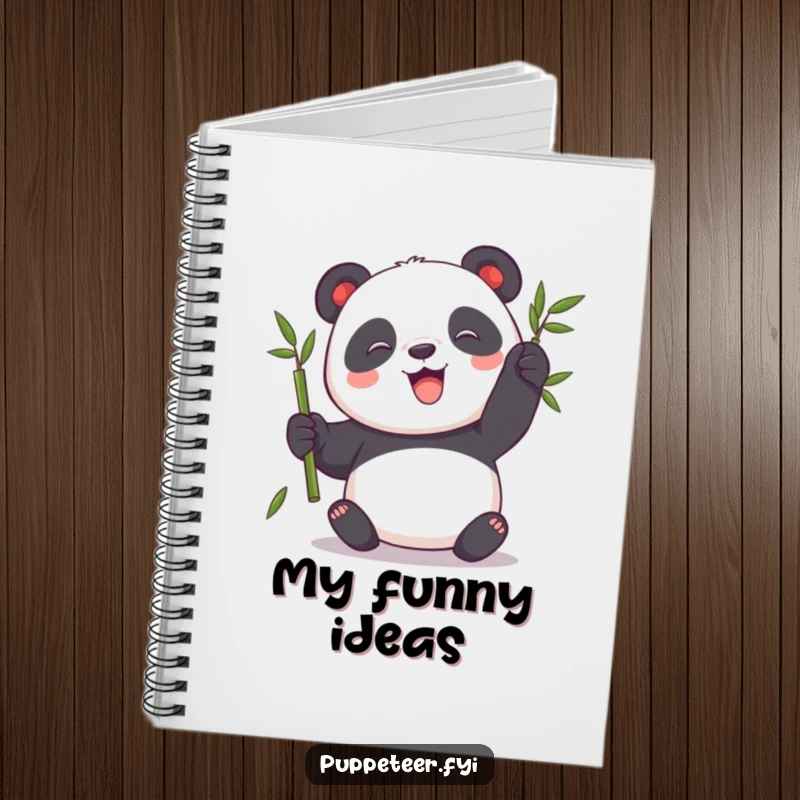 Funny Panda Notebook with a playful panda making a bamboo stalk puppet sway, perfect for jotting down fun and creative thoughts.