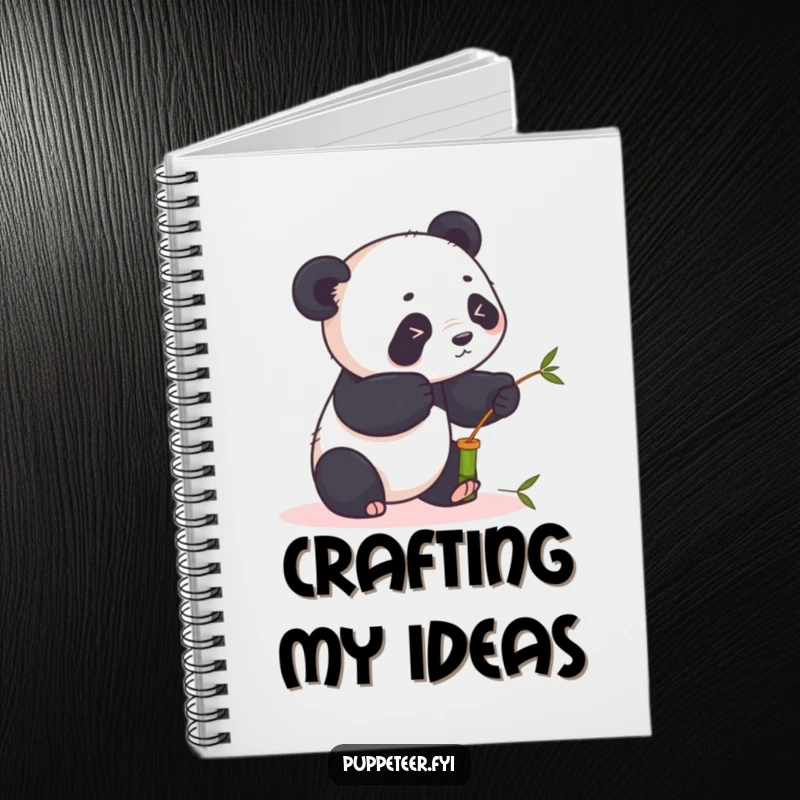Funny panda notebook cover art of a playful panda using sticks to animate a bamboo puppet, inspiring creative and humorous notes.