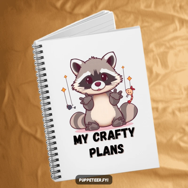 Funny notebook with a dexterous kawaii raccoon operating puppets, perfect for jotting down creative ideas.