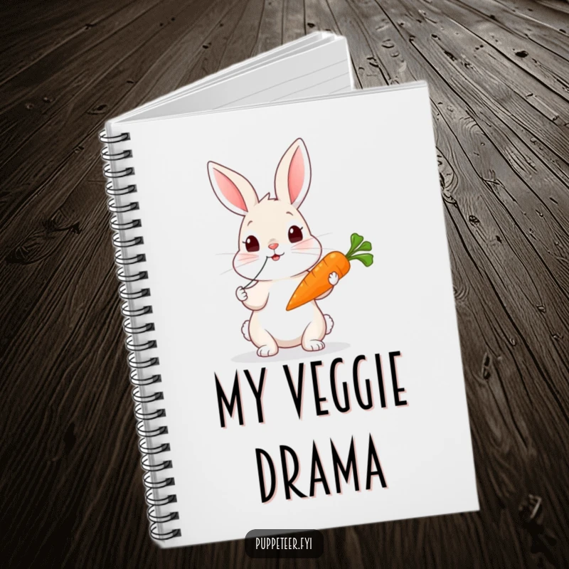 Funny rabbit notebook featuring a curious rabbit tugging strings, making a carrot puppet wiggle, perfect for writing.