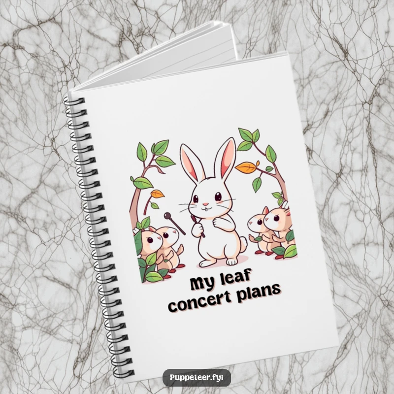 Funny notebook featuring a determined rabbit conducting leaf puppets with a tiny baton, ideal for notes and nature journaling.