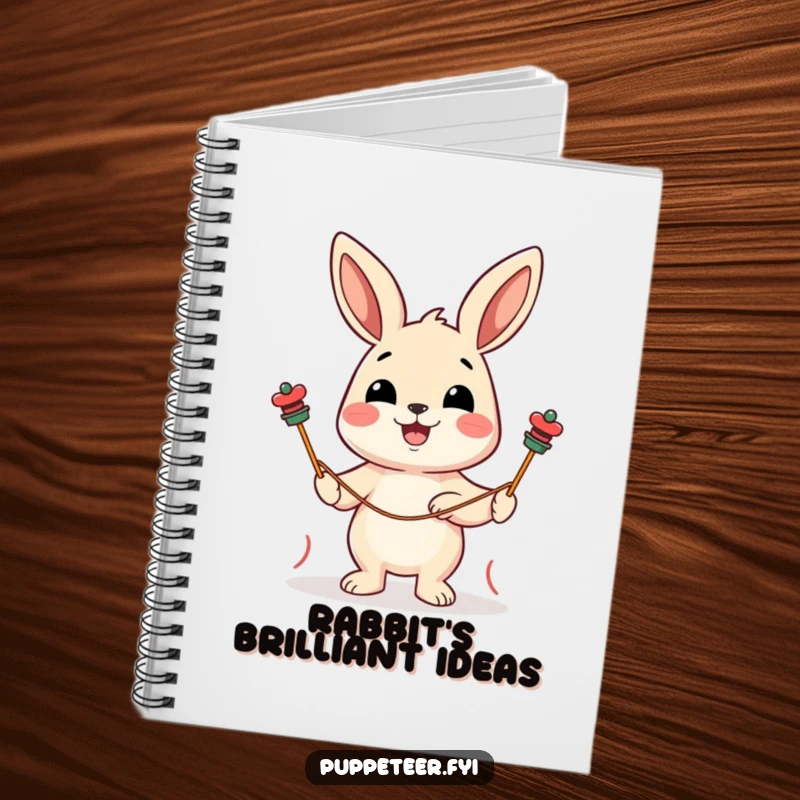 Funny notebook featuring a cheerful rabbit character guiding two string puppets with a delighted expression, for creative minds.