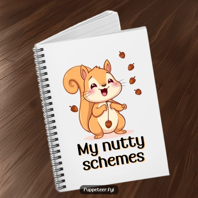 Funny Squirrel Notebook with a cheerful squirrel making acorns fly, perfect for recording ideas and nature observations.