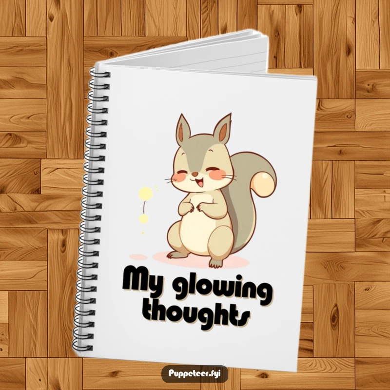 Funny notebook featuring a giggling squirrel controlling glowing orbs with its tail, ideal for jotting down whimsical thoughts and spells.