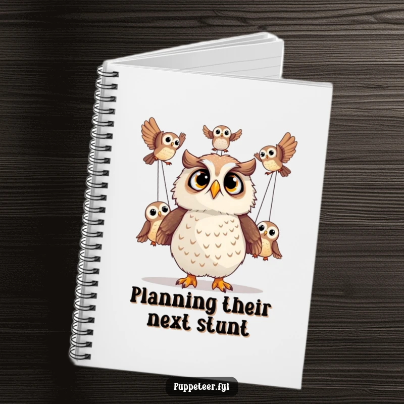 Funny notebook cover of a surprised owl watching its puppet owls perform acrobatics, ideal for note-taking.