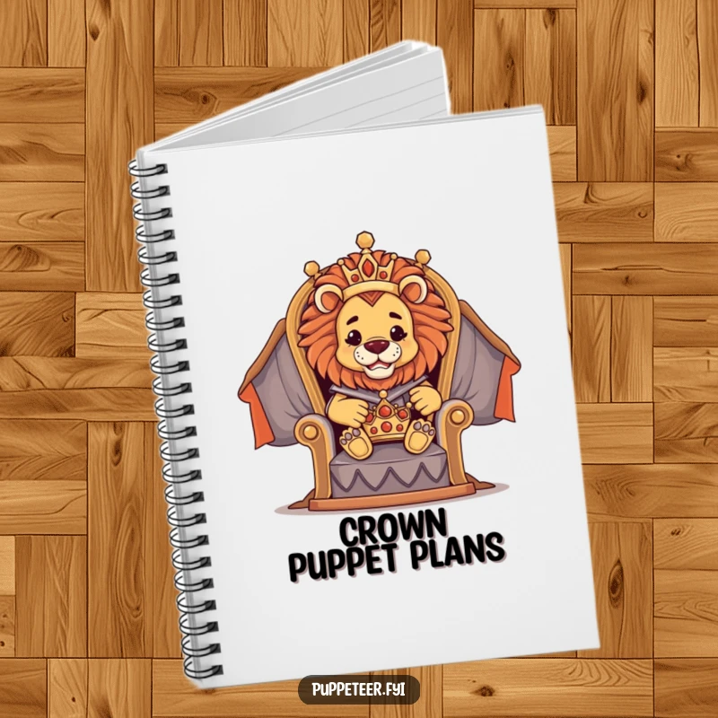 Funny notebook with a proud lion puppet master on a throne directing a tiny crown puppet, designed for capturing strategic thoughts.