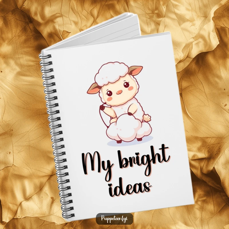Funny sheep notebook cover art of a beaming sheep controlling a tiny cloud puppet that drifts, inspiring creative and humorous notes.
