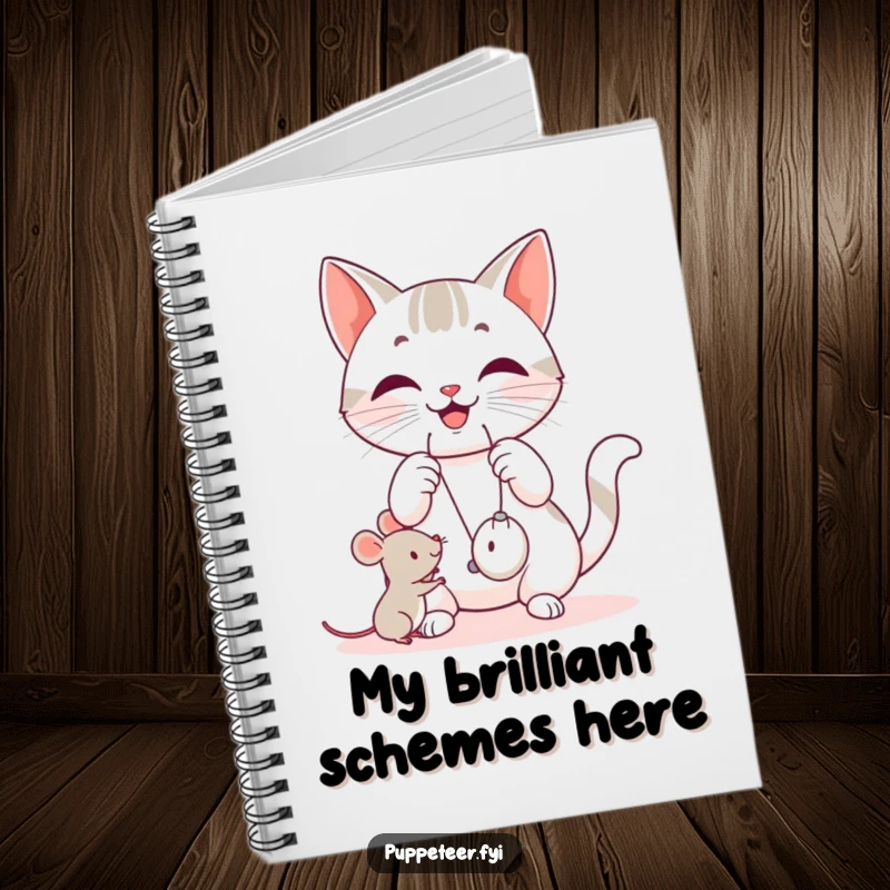 Funny cat notebook with a happy cat manipulating strings, making a small mouse toy jump, ready for your notes.