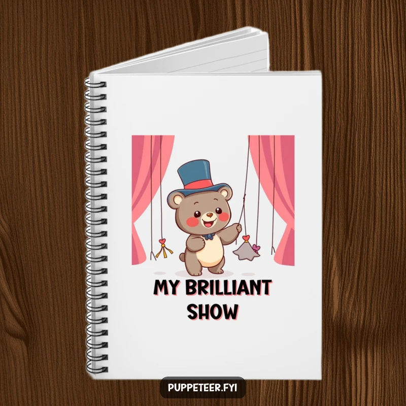 Funny notebook featuring a happy bear cub in a top hat pulling dancing string puppets, perfect for jotting down ideas with whimsy.
