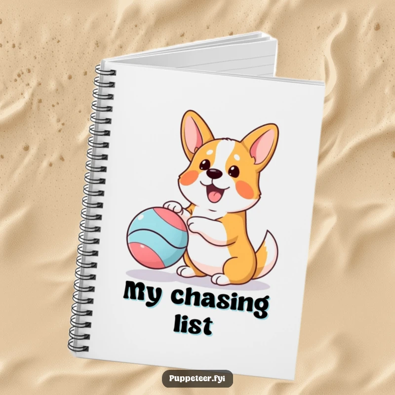 Funny notebook featuring an excited corgi playing with a bouncing ball puppet, great for jotting down fun ideas.