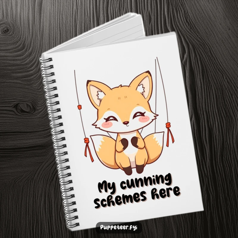 Funny kawaii fox with twinkling eyes gracefully holding puppet strings on a notebook, perfect for a funny gift.