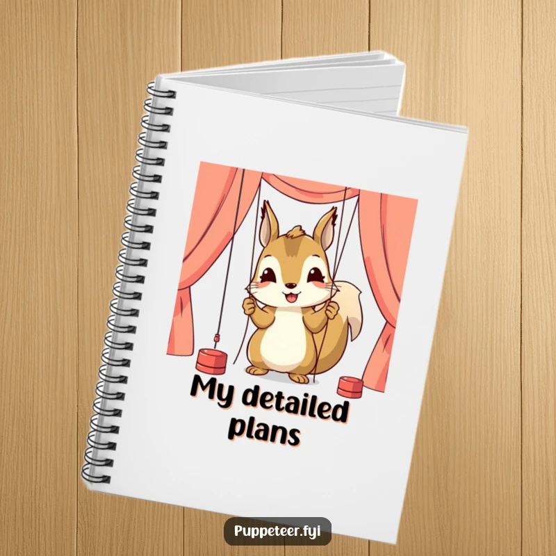 Funny notebook featuring a happy squirrel character intently adjusting puppet strings, perfect for capturing focused thoughts and plans.