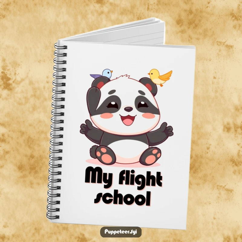 Funny notebook featuring a joyful panda making a tiny bird puppet fly, great for jotting down happy ideas.