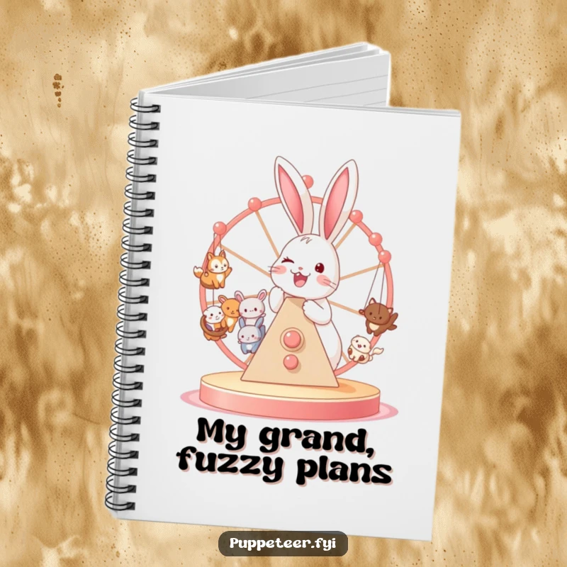 Funny notebook cover with a joyful bunny operating a Ferris wheel filled with tiny animal puppets, encouraging creative fun.