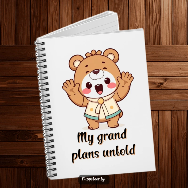 Funny bear puppet master notebook with a cheerful bear waving hands, making a tiny puppet dance, ready for your notes.