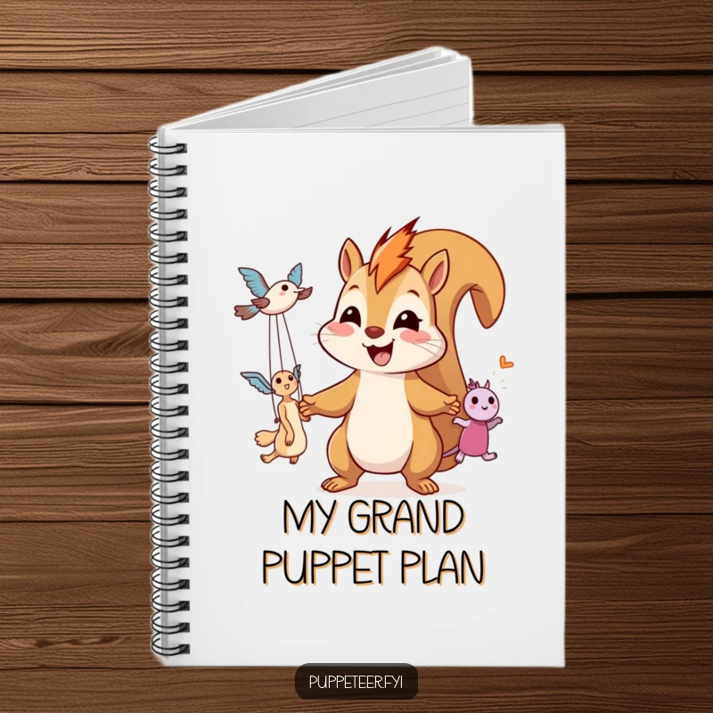Funny notebook cover shows a giggling squirrel with strings, controlling two airborne puppet figures with a happy expression.